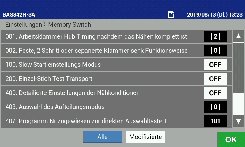 Einstellung des Speicherschalters